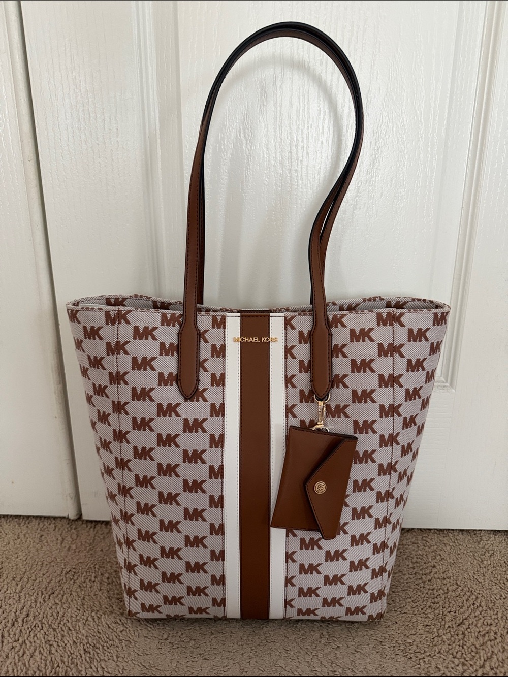 MICHAEL KORS Brown and White Logo Stripe Tote